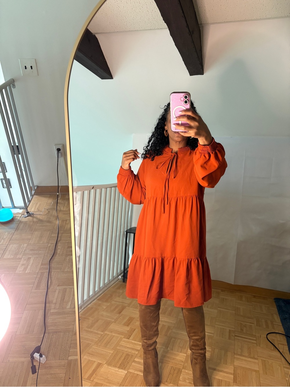 SHEIN Rust Orange Tiered Long-Sleeve Tie-Neck Dress